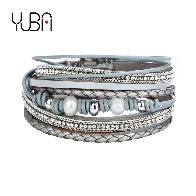 

Boho Designer Multi-circle Magnetic Buckle Bracelets Leather and Pearl Wrap Bracelet for Men and Women, Blue and silver