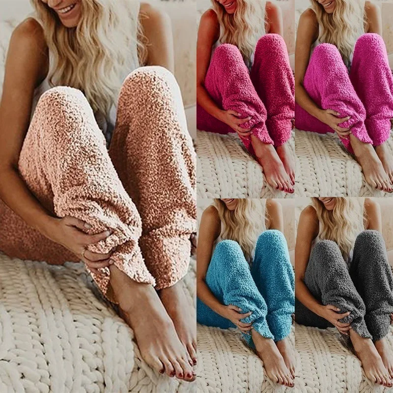 

Winter Solid Color Plush Ladies Women's Long Pants Casual Women Trousers, Red, blue, pink, rose, dark grey