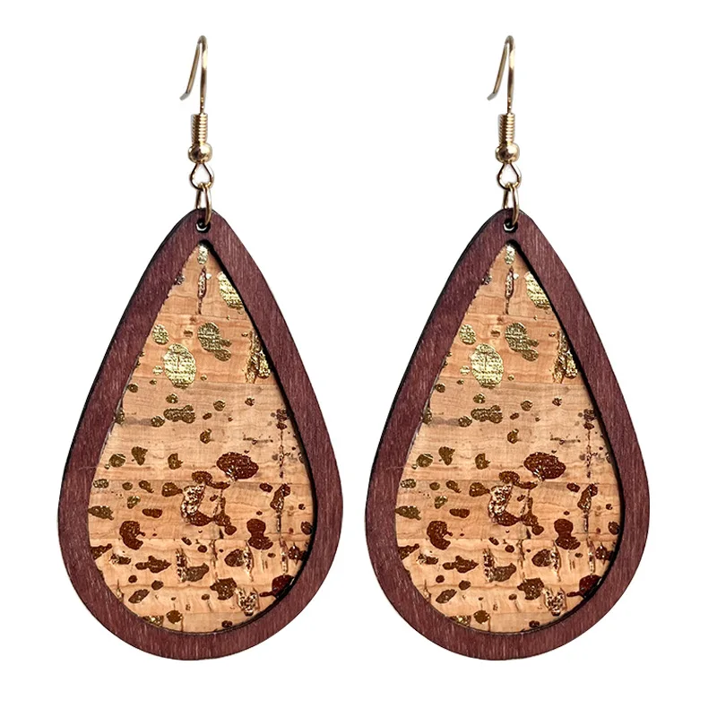 

2022 Personalized Cork Leather Gold Leaf Bark Wood Frame Earrings Vintage Simple Gold Foil Drop Earrings