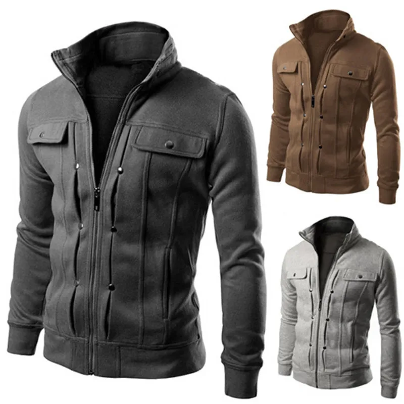 

New Fashion Men's Cheap Fashionable Stand-up Collar Solid Color Zipper Button Soft Hoodies Coat Casual Men Tops Jacket