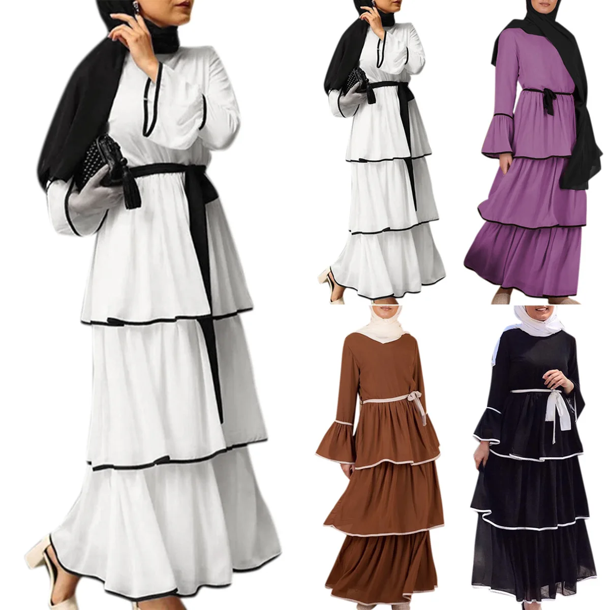 

Wholesale Muslim Plus Size Women's Fashion Cake With Black And White Dress Turkish Abaya, White, purple, black, brown