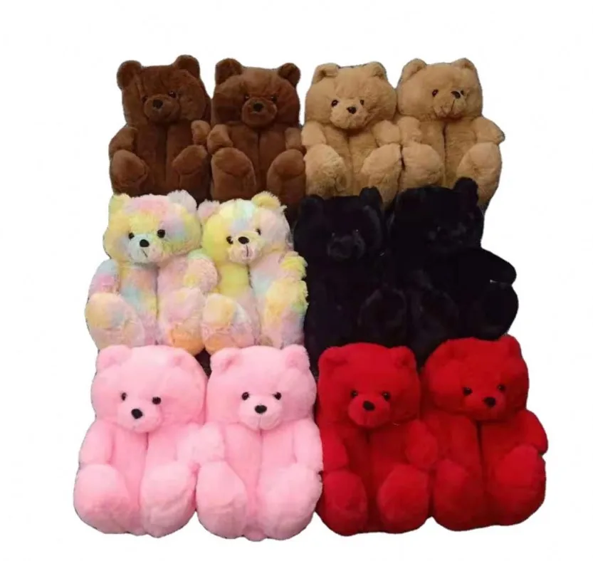 

Fashion Design Winter Women Girl Fur Shoes Cute Cartoon Animal Teddy Bear Warm Slippers Bedroom Soft Fur bear Slipper