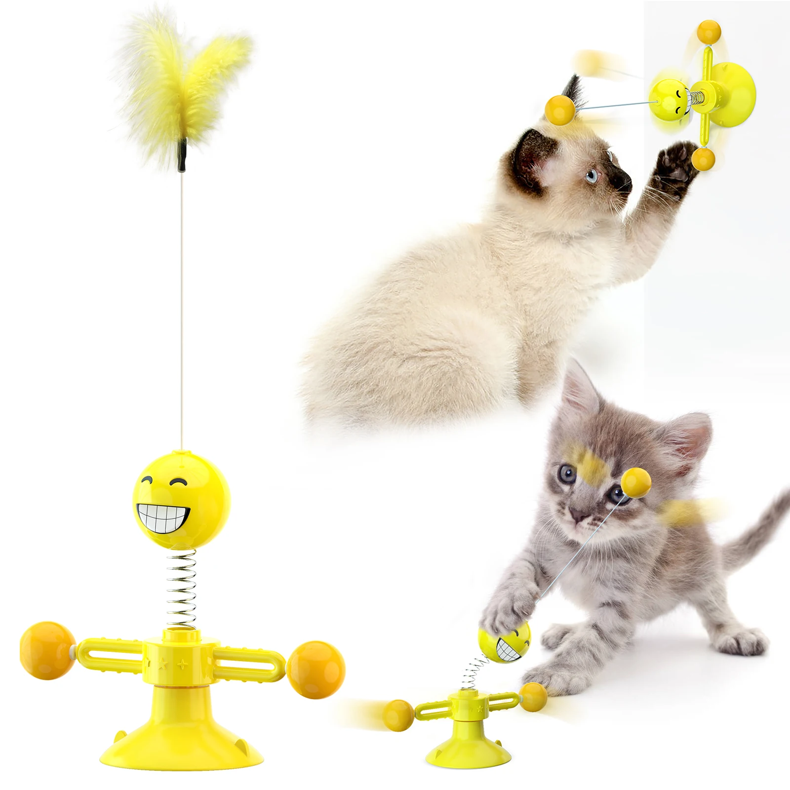 

Eco Friendly Cat Manufacture Spring Spinning Feather Pet Toy With Suction, Toy For Cat Interactiv