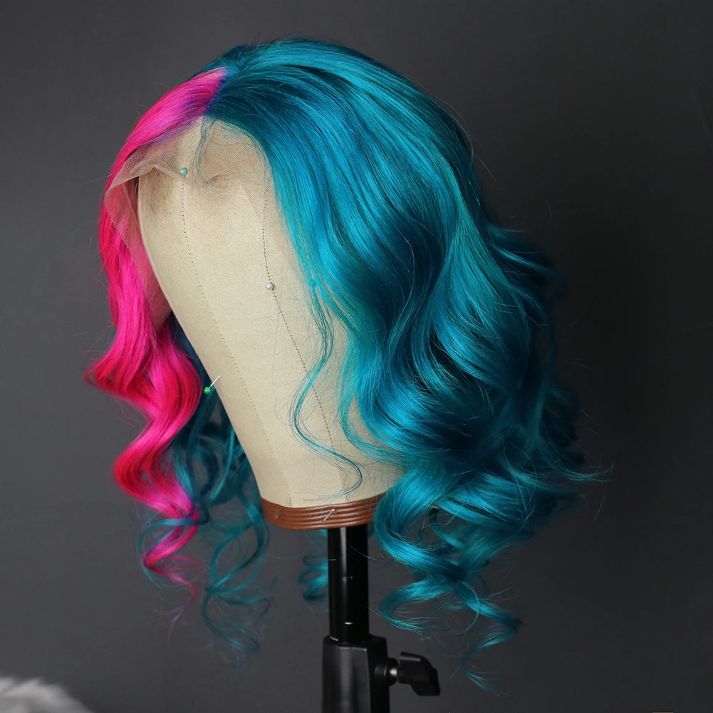 

Blue Highlights Pink Lace Front Human Hair Wig Brazilian Virgin Short Water Wave Hair Colorful Lace Wig with Baby Hair Woman