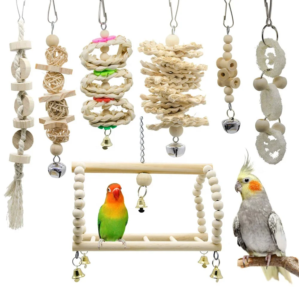 

7 Pcs Bird Parrot Swing Chewing Toys- Natural Wood Hanging Bell Bird Cage Toys Suitable for Small Parakeets, Cockatiels, Conure, Mix color