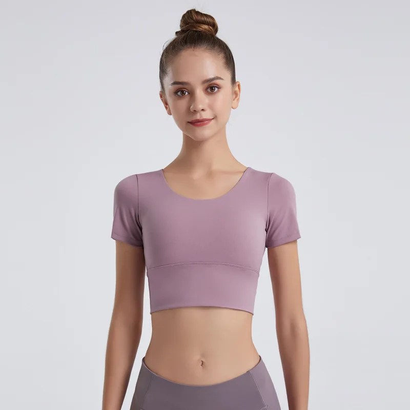 

Hot New Women's Nude Feel Cross Back Beauty Crop-Top Short Sleeve T-shirt Slim Fit Elastic Sports Workout Yoga Clothes