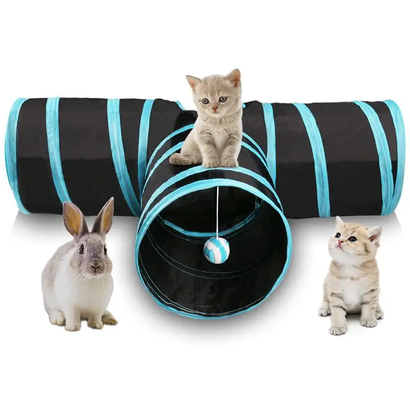 

Cat play tube with ringing ball toy foldable cat tunnel 3 way, Blue, pink