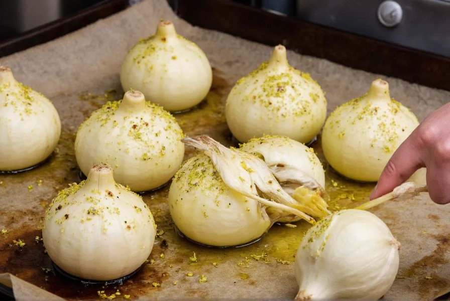 Chef roasting fennel bulbs with olive oil and herbs on baking sheet