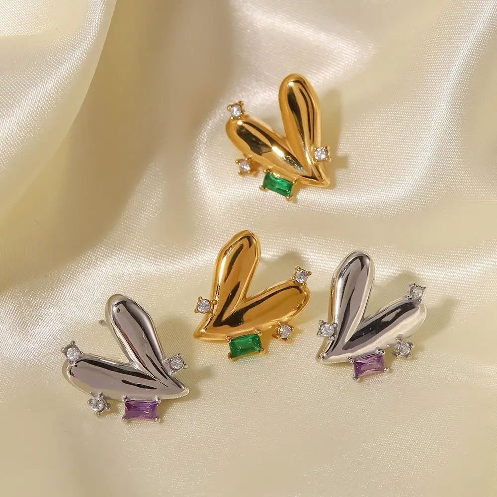 

Loftily 2023 New Design 18K Gold PVD Plated Earrings for Women Colorful Zircon Heart Shape Stud Earrings