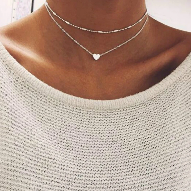 

High Quality New Necklace Simple Heart Two Layers Choker Necklaces For Women, Gold,silver