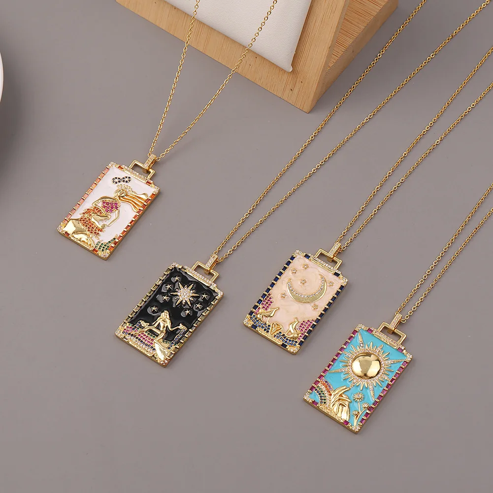 

Personality Hip Hop Jewelry Copper Drop Oil Zircon Pendant Rectangular Rainbow Tarot Card Moon Necklace