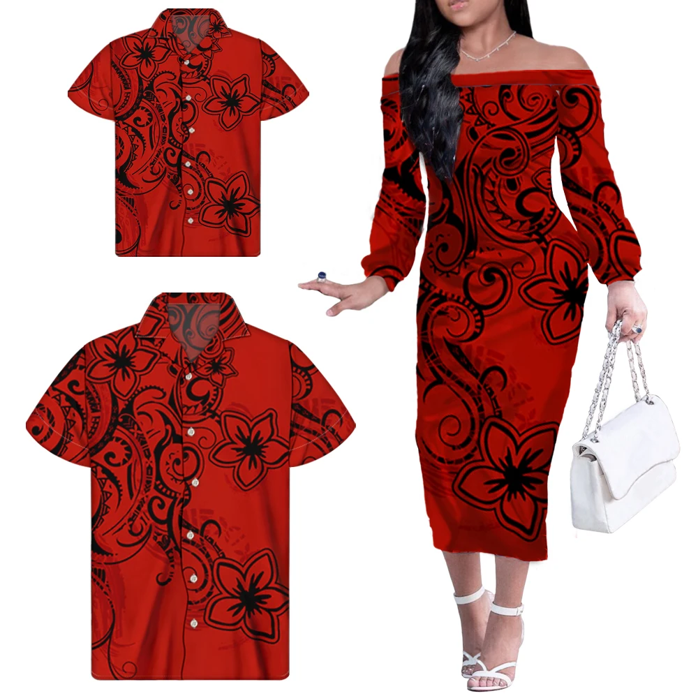 

Woman Dresses New Arrival 2021 Family Outfits Vintage Red Polynesian Tribal Print Ladies Summer Dresses One Shoulder Dress, Customized color