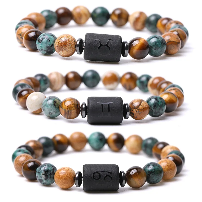 

Natural Stone 12 Constellation Bracelet 8mm Tiger Eye Stone Beads Elastic Lucky Gemstone Bracelet for Men Women Birthday Gift