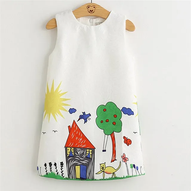 

Hot Drop Shipping Summer 100 Cotton Forest Farm Animal Series Sleeveless Short White Print Carton Dress Baby Girls, Picture shows