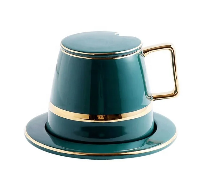

European style painted gold coffee cups and saucers green high-end ceramic cups afternoon tea dish spoons