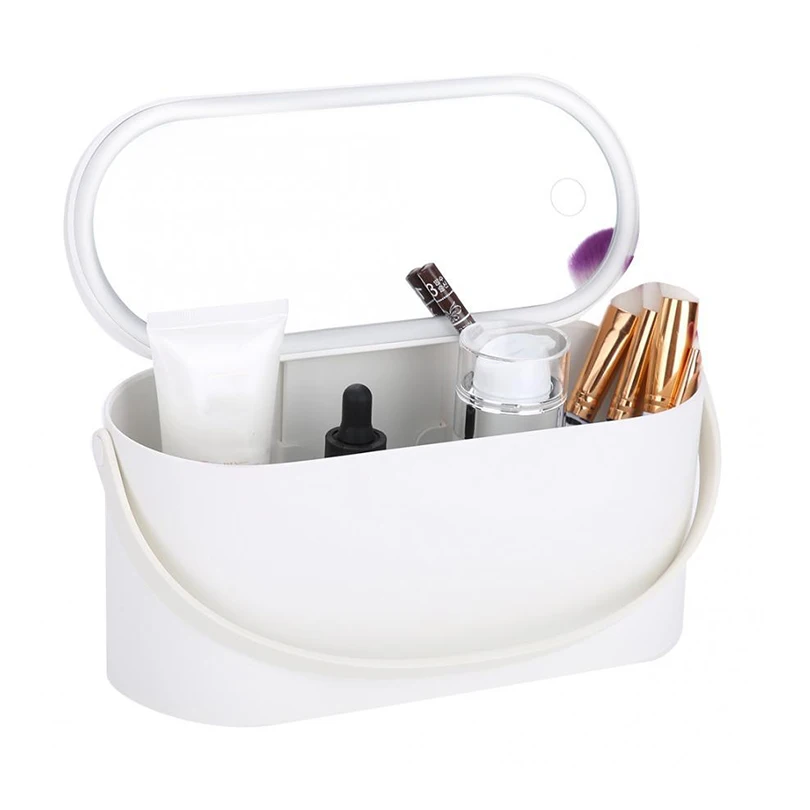 

White Pink Cosmetic Organiser Case with LED Light Makeup Mirror Portable Professional Skincare Storage Makeup Box