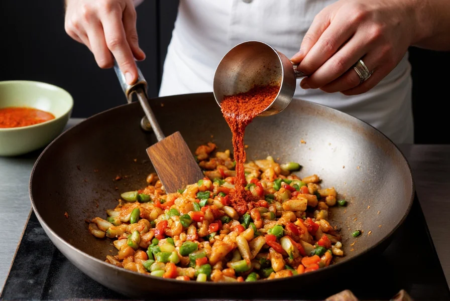 Chef's hands adding chili pepper paste to a sizzling wok with vegetables