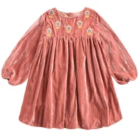 

Kids Vintage Clothes Rust Long Sleeve Flower Embroidered Velvet Toddler Girls Dresses