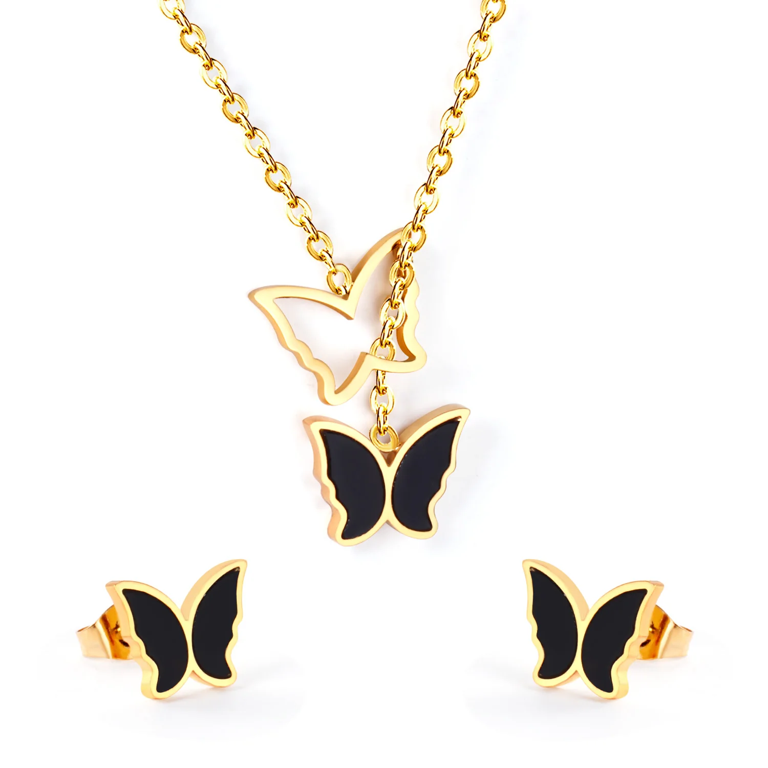 

Top Selling 2021 Pendant Necklace Set Women Butterfly Jewelry Earrings 18k Gold Plated Stainless Steel Jewelry Set