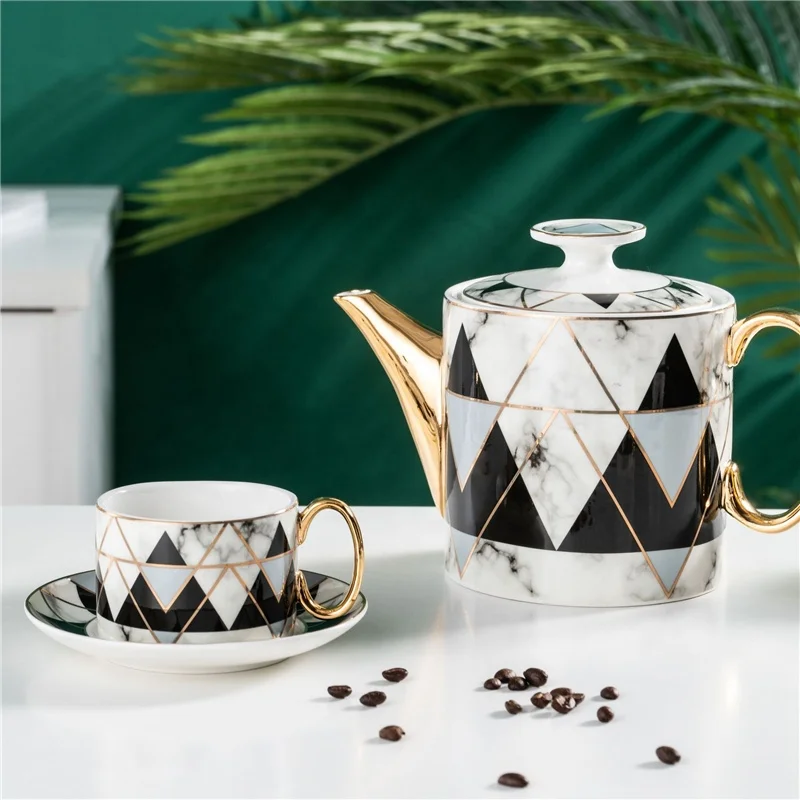 

Wholesal tea set European bone china coffee mug set cup and saucer coffee kettle set, Black,white,green