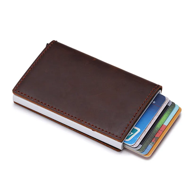 

Genuine Leather Credit Card Holder Fashion Metal RFID Vintage Aluminium Box Travel Card Wallet