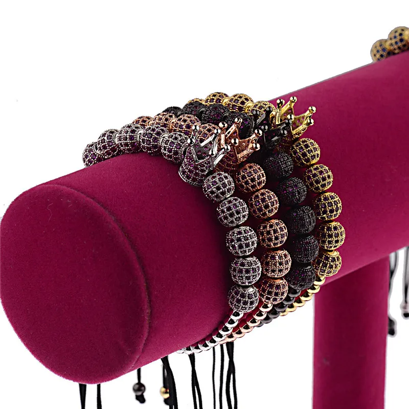 

Men bracelets crown braided micro pave adjustable zircon bracelet 6mm copper beaded Multicolored crystal Crown charm Bracelets, Gold/silver/black/rose