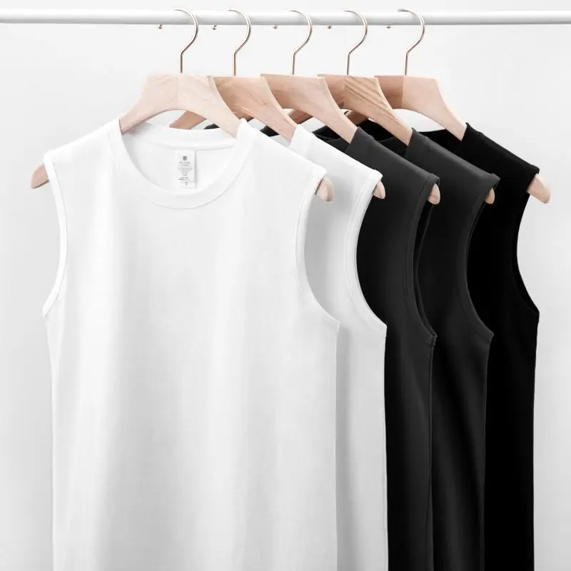 Men's 100% Cotton Solid Knitted T-Shirt Vest Summer Fitness Sports 220 Grams Loose Short Sleeve