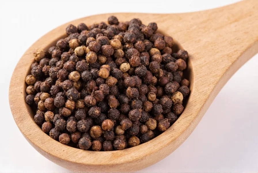 Close-up of Tellicherry peppercorns next to Malabar peppercorns showing size difference