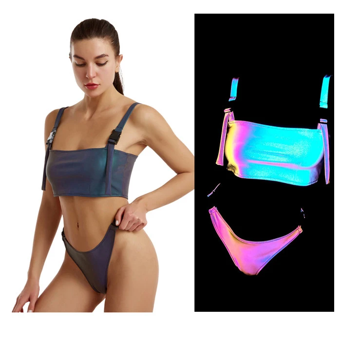 

Reflective Bikini Split Swimwear Thong Set Bra Summer Women 2 Pieces Release Buckle Shiny Glowing Beachwear, Black