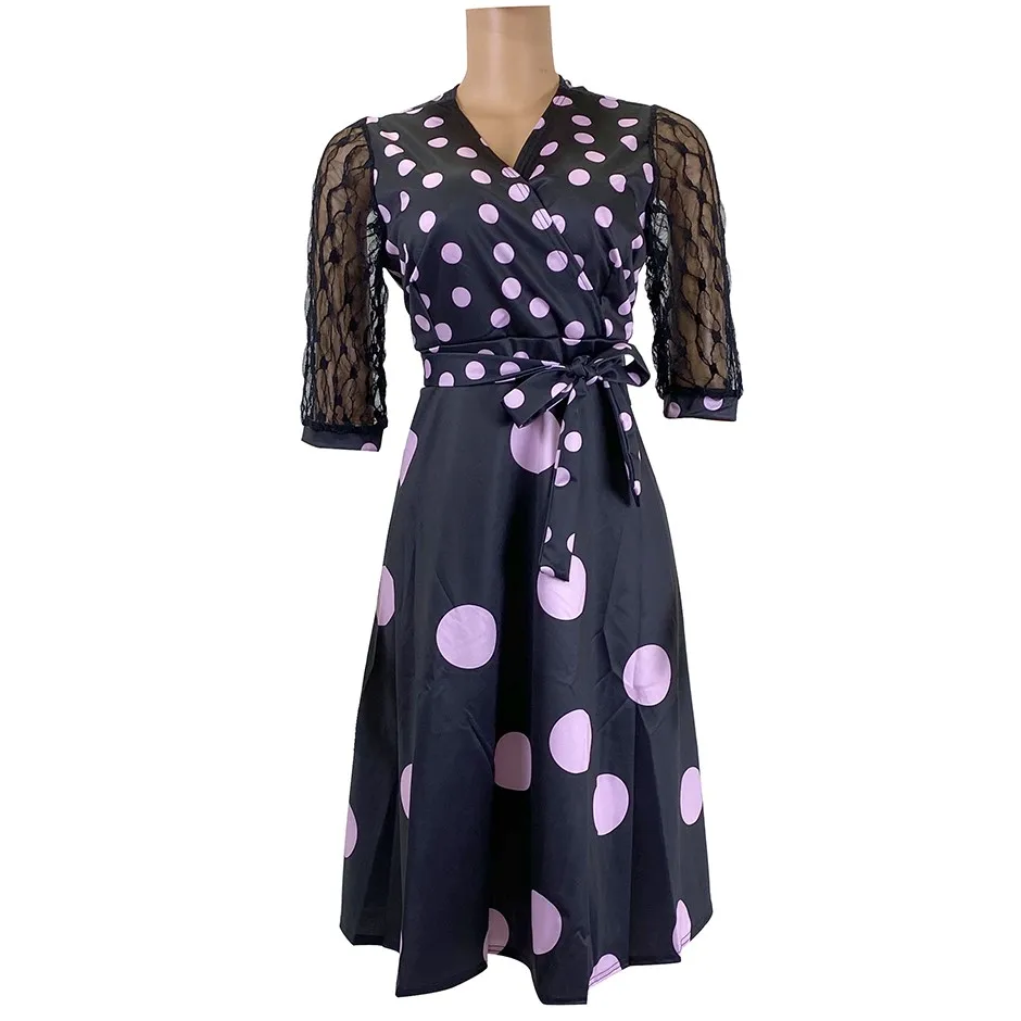 

Latest Design Patchwork Lace sleeve V-neck Polka Dot patterns waist tie straps 1 piece african attire Midi dress, Shown