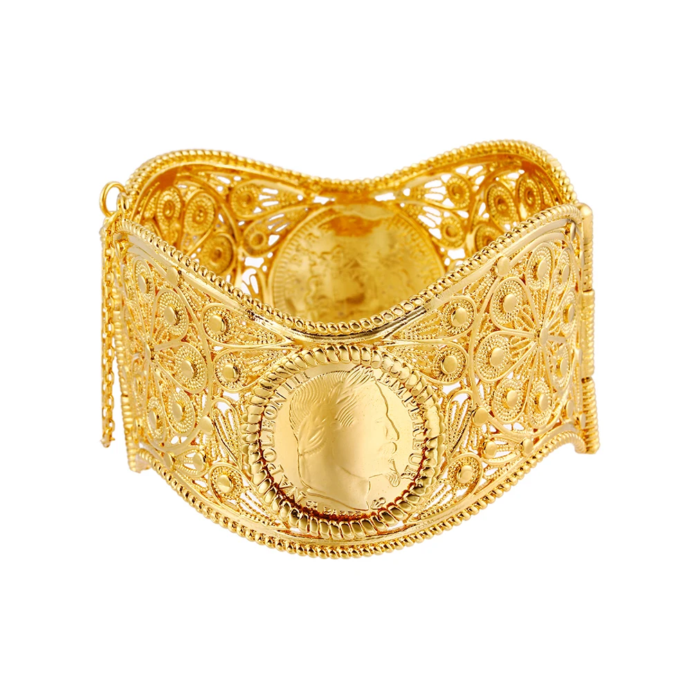 

Ethlyn Napoleon Coins Jewelry for Women Fashion Gold Plated Wide Hinge Bracelets Hollow Bangle Celebration Gift B95
