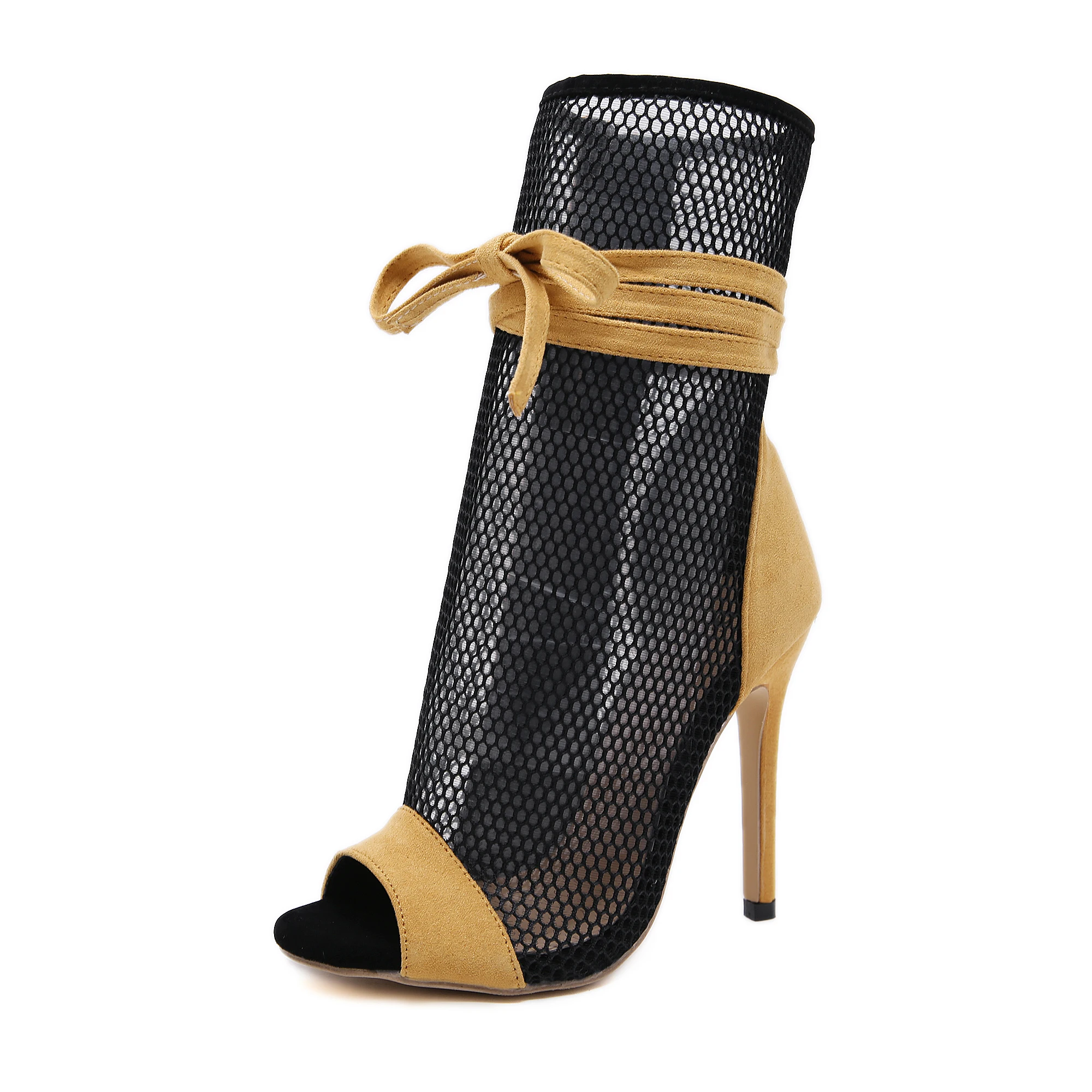 

Black Mesh Women Boots Fashion Peep Toe Lace Up High Heels Women Transparent Ankle Boots Female Sandals, Yellow