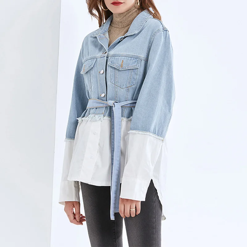 

2021 autumn women's jacket new temperament lapel single-breasted design shirt fight receiving waist thin denim jacket, Photo color