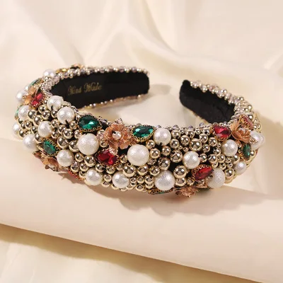 

European Baroque Luxury Reflective Crystal Bead Hairbands Handmade Flower Pearl Gemstone Headband