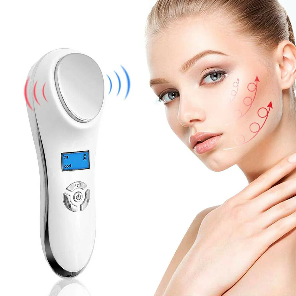 

Ultrasonic Skin Rejuvenation Ion Facial Ultrasound Hot Cold Warm Skin Care Face Massager Beauty Instrument, White/gold