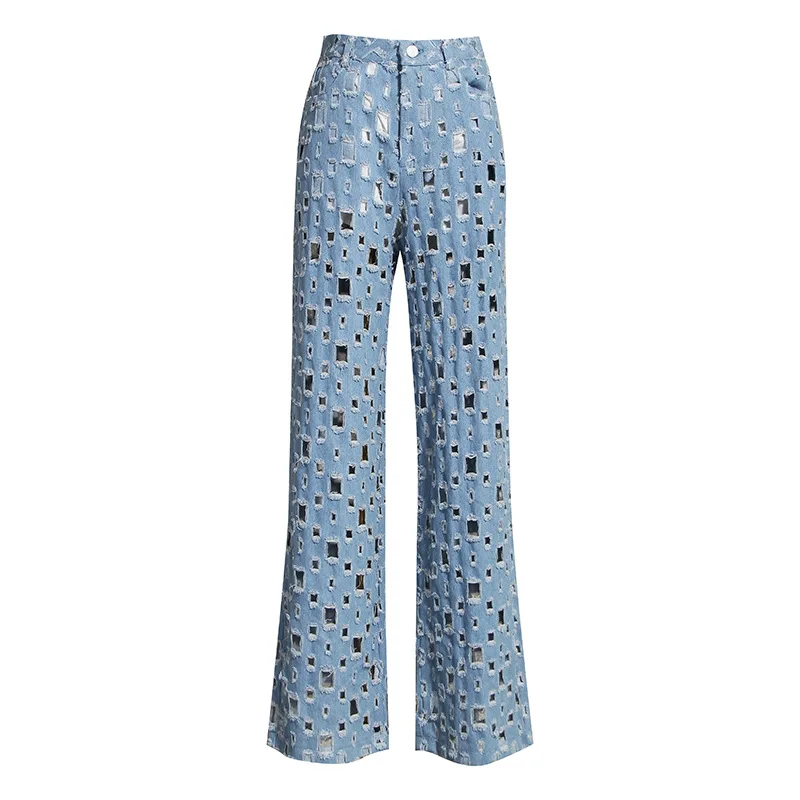 

Stylish Retro Distressed Ripped Holes Light Blue Long Wide-Leg Causal Women Washed Denim Trousers Pants