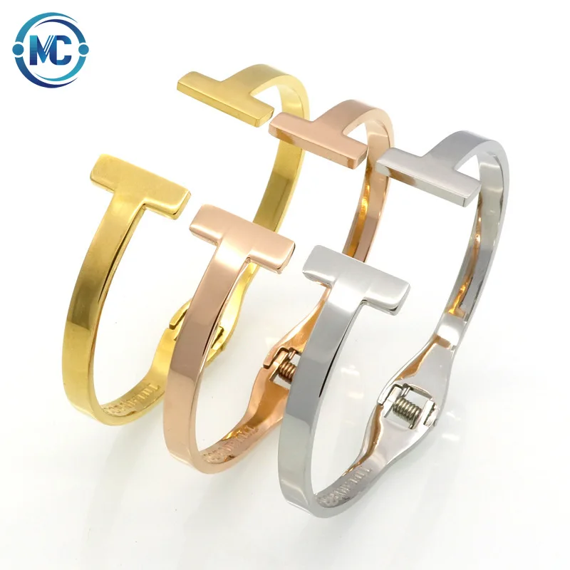 

2021 18K Gold Plated Double T Bracelet Stainless Steel Jewelry Cuff Bangles Bracelets For Women, As the picture