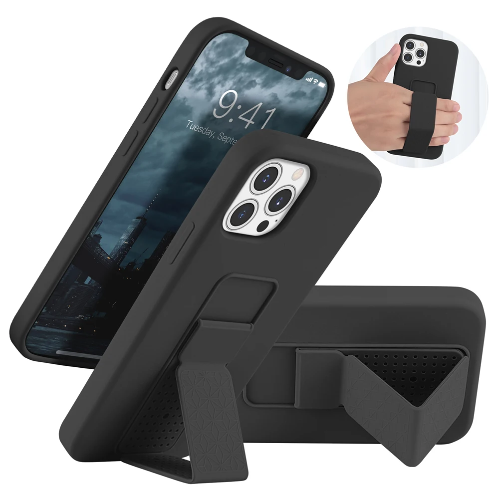 

Liquid Silicone Phone Case For iPhone 13 Folding Holder Stand Phone Case for iPhone 12 13 Pro Max Case, Blue, black, pink