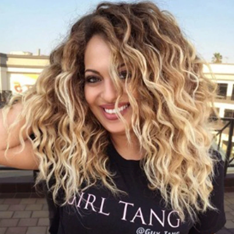 

Wholesale Vendors Long Body Wave natural synthetic human hair wigs Human Hair Casual Gradient Color Curly Wigs
