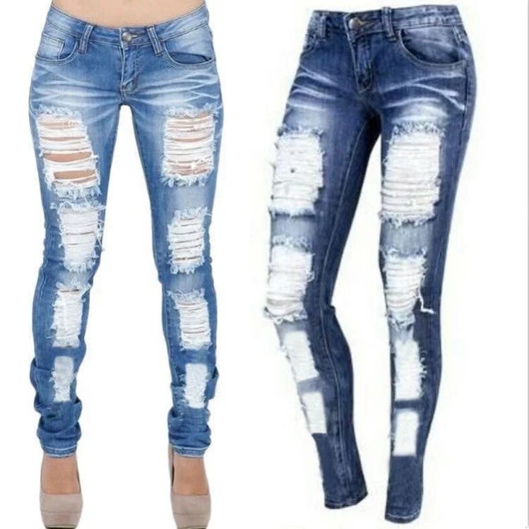 

VOOGUE Female Club Women Jeans Ripped Stretch Jeans Plus Size Ladies Female Stretch-hole Pencil Jeans, Dark blue/light blue