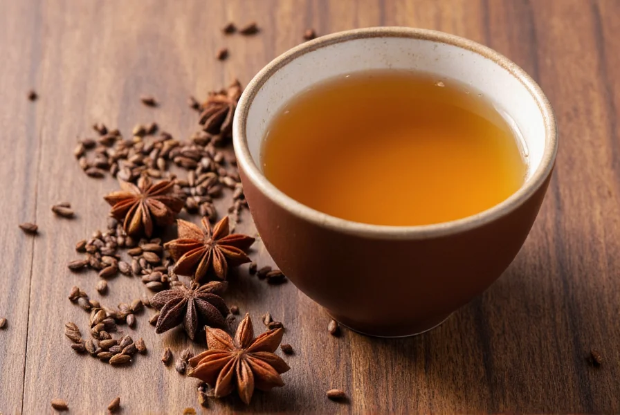 Fresh anise seeds and brewed anise tea in a ceramic cup on wooden table