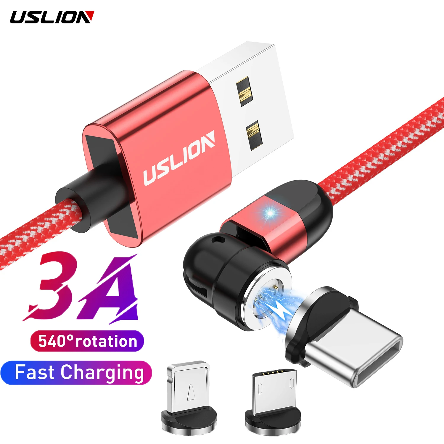 

USLION Magnetic 3 in 1 USB charging cable 540 degree rotate type c fast charging magnetic usb cable phone accessories micro/ios, Black red purple silver