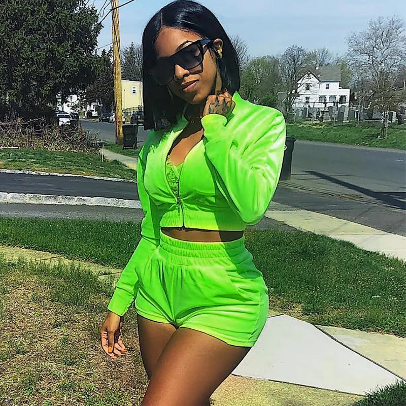 2019 Autumn 2 Pieces Velvet Women Ladies Cropped Top Shorts Casual Tracksuits Sets