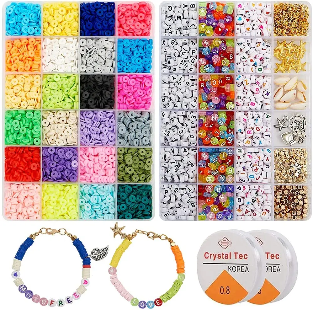 

900Pcs Letter Flat Round Clay Beads Pendants Jump Rings Clay Bead 6000 Pcs Clay Heishi Beads, Mixed color