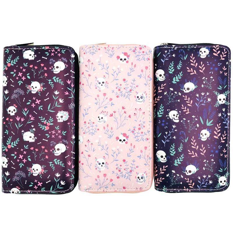 

Small floral cute skeleton PU wallet single zipper wallet Student women long wallet Passport bag handbag spot factory