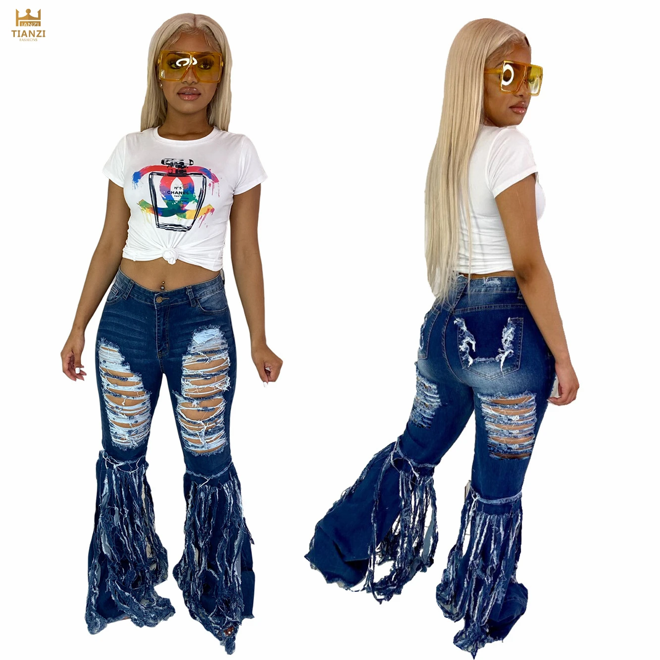

J3218 - women fashionable fringe ripped denim pants flare jeans