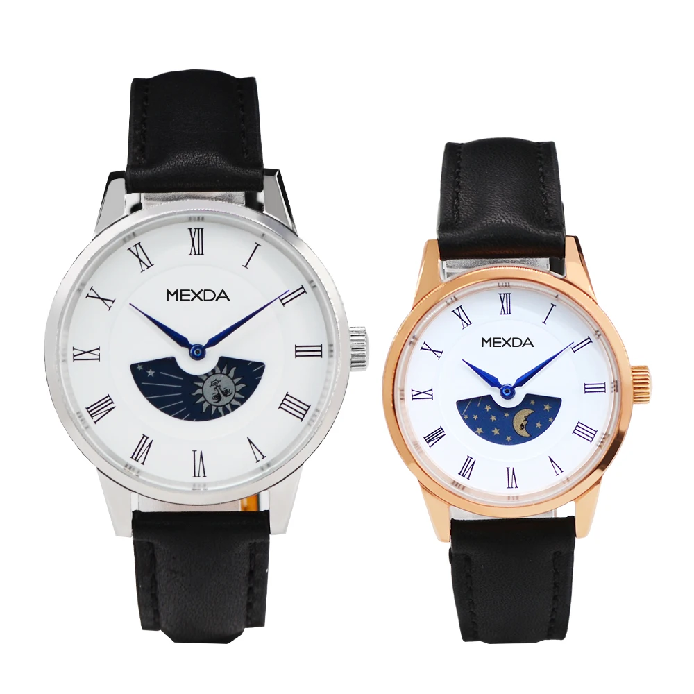 

2021 mexda Fashion couples Watches Fashion Lovers Quartz 5atm Water Resistant genuine Leather moon phase Couple Wrist Watch, Customized colors