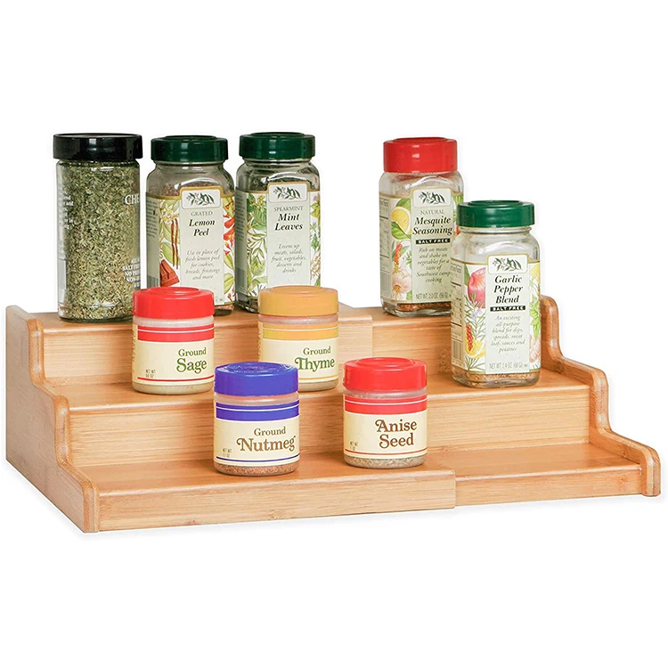 

Wholesale Natural Eco-friendly 3 Tier Expandable Bamboo Spice Jar Display Step Shelf Rack Cabinet Storage Organizer