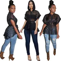 

2019 New fashion women clothing sexy flared sheer striped top transparent clubwear blouse FM-DN8311