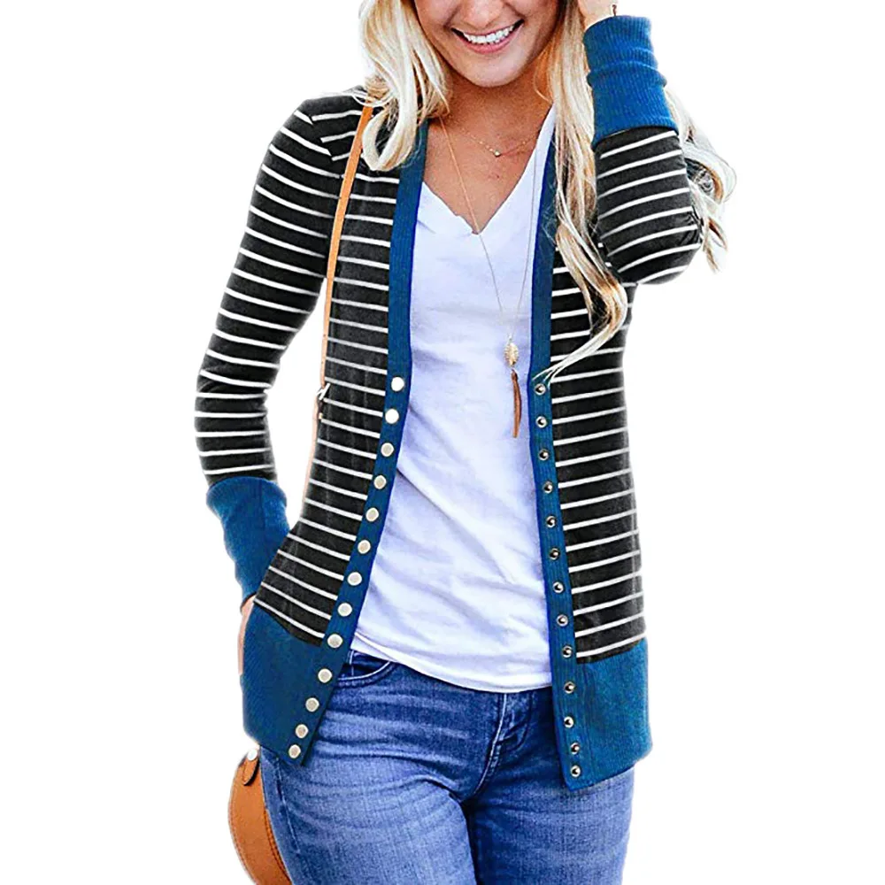 

Amazon Hot Sales Women's Long Sleeve Striped Cardigan Snap Button Down Solid Color Cardigans Knit Ribbed Neckline Cardigans